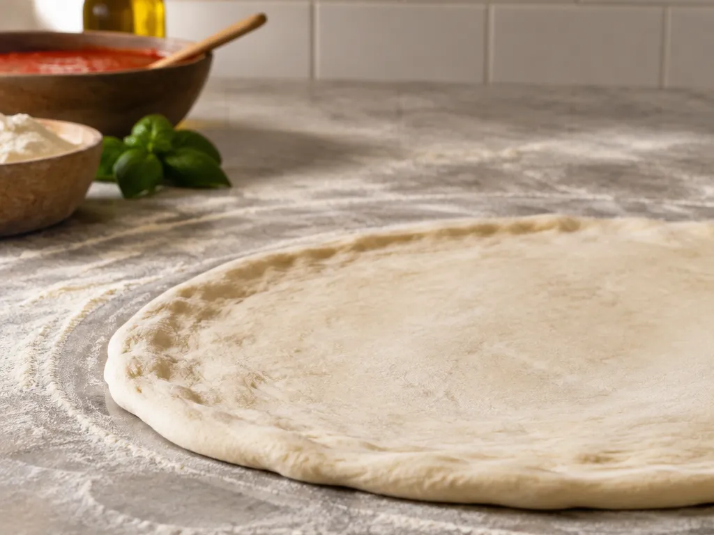 Hand-stretched dough at a pizzeria